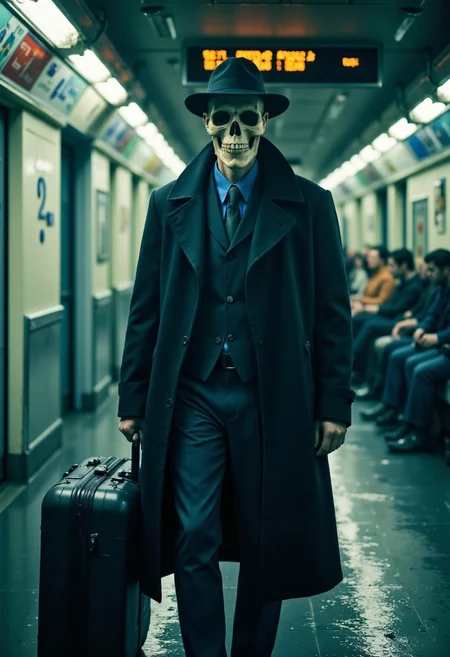 Technical photography, Exquisitely detailed pictures, Fanmytwor style, of a skelleton With a Fedora commuting to Work standing in Subway, Holding suitcase, Sharp focus photography, thick features, very wide shot, Iridescent, surrealism, dark scene, reality warping around the scene, dark, low-key, soft