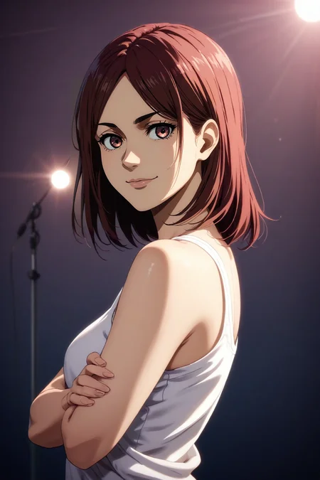score_9, score_8_up, score_7_up, source_anime, rating_safe, , (realistic:0.6), looking at viewer, , 1girl, peach eyes, dark red hair,, solo, from side, concert, dawn, arms under breasts, seductive smile, <lora:shingeki_no_kyojin_s4_style_pony:0.84>, shingeki_no_kyojin_s4_style, <lora:sdxl_lightning_8step_lora:1>