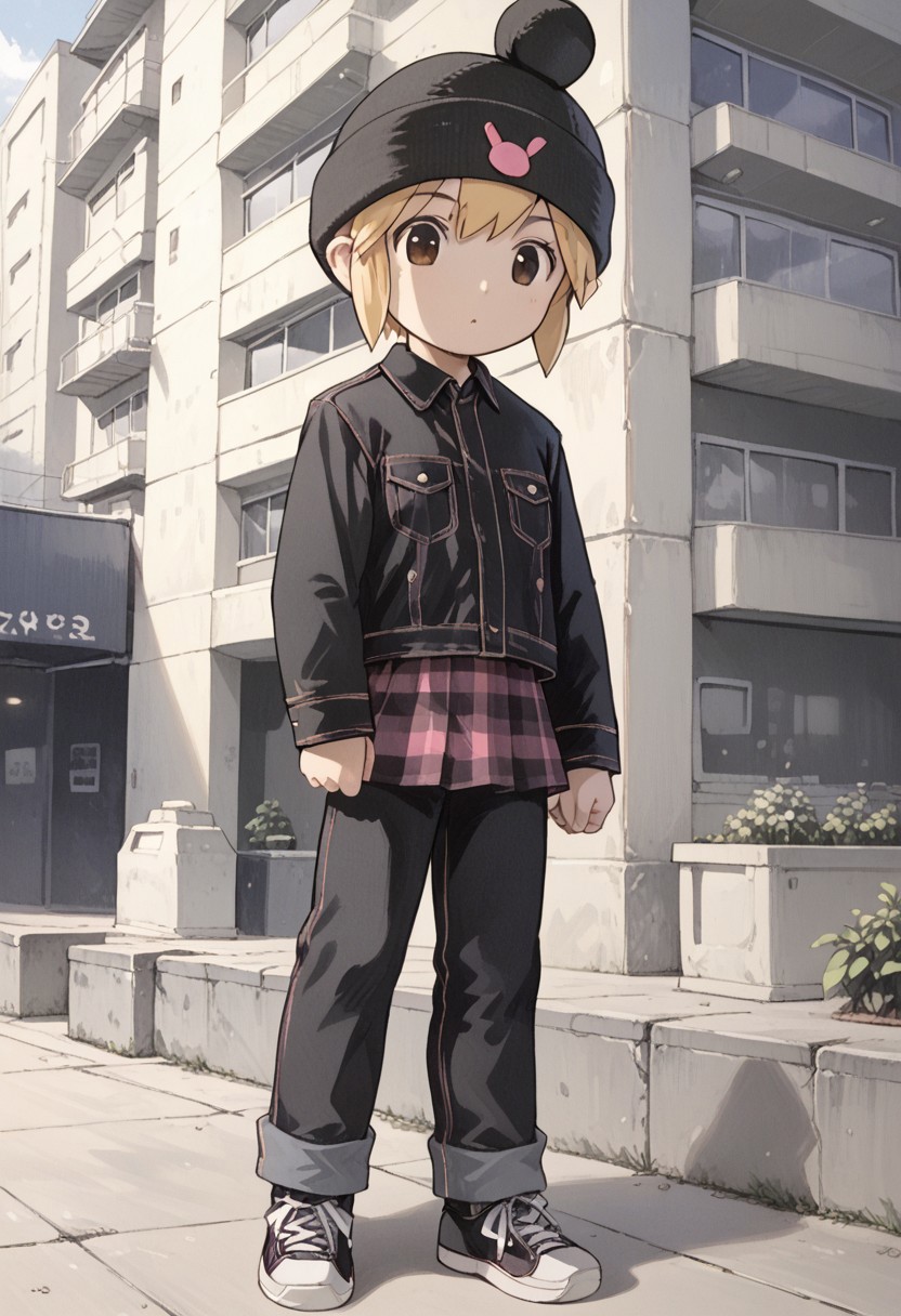 score_8, score_8_up, score_7_up, source_manga, manga_source, monochrome, greyscale, manga BREAK 1girl, female focus, solo, flat chest, usagi_kurokawa, beanie, black headwear, hat ornament, bangs, short hair, sidelocks, denim jacket, black jacket, collared jacket, breast pocket, long sleeves, skirt, pants under skirt, black pants, jeans, sneakers, black footwear, full body, building, outdoor, neighborhood, suburb,