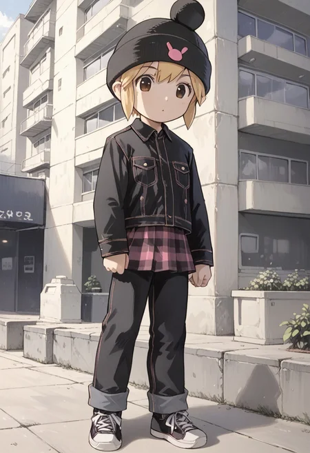score_8, score_8_up, score_7_up, source_manga, manga_source, monochrome, greyscale, manga BREAK 1girl, female focus, solo, flat chest, usagi_kurokawa, beanie, black headwear, hat ornament, bangs, short hair, sidelocks, denim jacket, black jacket, collared jacket, breast pocket, long sleeves, skirt, pants under skirt, black pants, jeans, sneakers, black footwear, full body, building, outdoor, neighborhood, suburb,