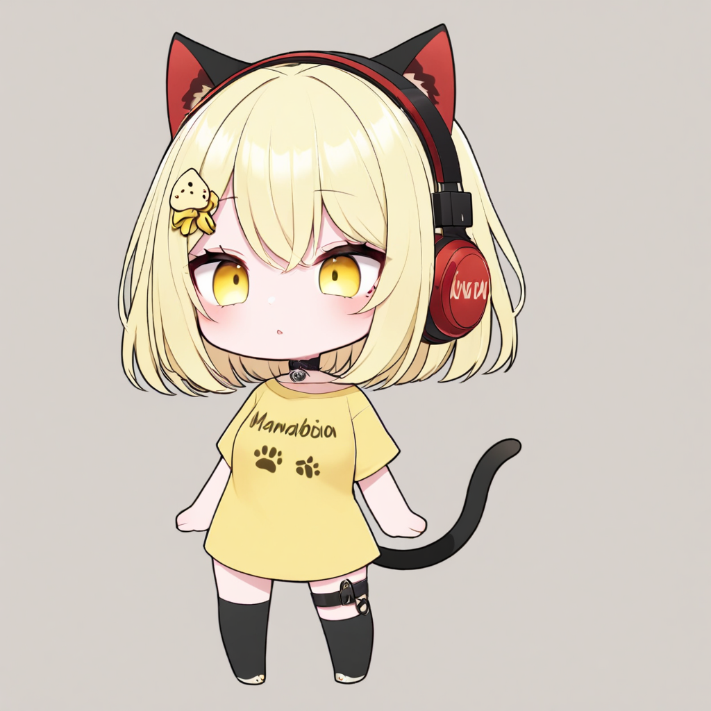 nyana, mamabichos text on shirt, yellow shirt, cat girl, cat ears, blonde hair, big eyes, hair ornament, short hair, red headphones, solo,
chibi, full body, 
 <lora:NYANA-XL-t2:0.6>