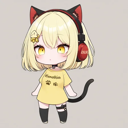 nyana, mamabichos text on shirt, yellow shirt, cat girl, cat ears, blonde hair, big eyes, hair ornament, short hair, red headphones, solo,
chibi, full body,
<lora:NYANA-XL-t2:0.6>