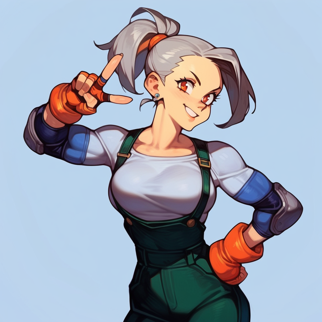 score_9, score_8_up, score_7_up, score_6_up, <lora:Epon_Tobal_-_PonyXL:0.6> solo, 1girl, epon, grey hair, cowboy shot, default outfit, dark green overalls, ponytail, elbow pads, earrings, orange gloves, grey shirt, blue elbow pads, fingerless gloves, dynamic pose, posing, smile, v, peace sign, hand on hips, head tilt, simple background, <lora:[GP] somethingweird [Pony XL]:1>