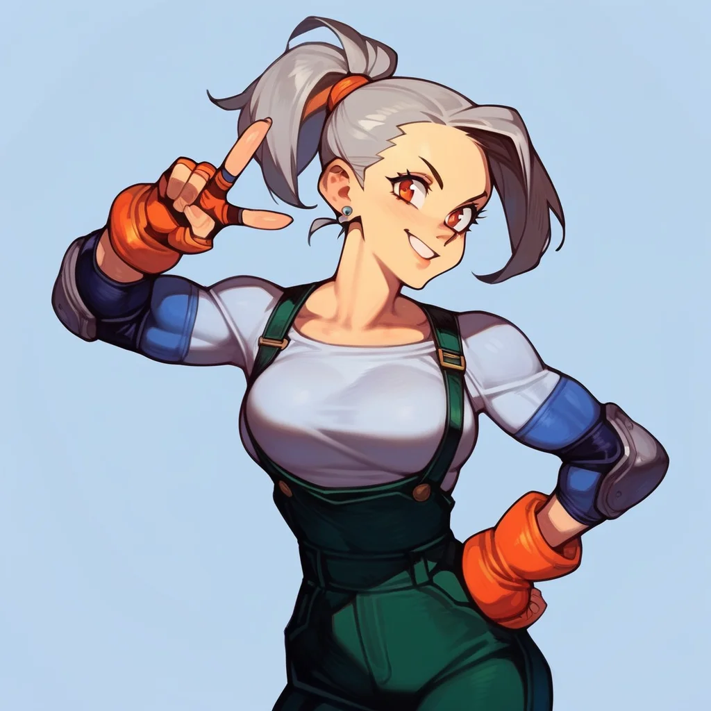 score_9, score_8_up, score_7_up, score_6_up, <lora:Epon_Tobal_-_PonyXL:0.6> solo, 1girl, epon, grey hair, cowboy shot, default outfit, dark green overalls, ponytail, elbow pads, earrings, orange gloves, grey shirt, blue elbow pads, fingerless gloves, dynamic pose, posing, smile, v, peace sign, hand on hips, head tilt, simple background, <lora:[GP] somethingweird [Pony XL]:1>