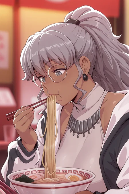 masterpiece, best quality, amazing quality,
<lora:Naomi_IL:1> naomi, 1girl, noodles, chopsticks, glasses, solo, eating, food, ponytail, ramen, earrings, dark-skinned female, long hair, jewelry, dark skin, holding, blurry background, grey eyes, standart outfit