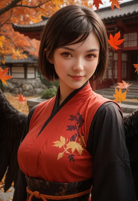 score_9, score_8_up, score_7_up, score_6_up,
1girl, 25 years old, perfect face, looking at viewer,
red eyes,
black hair, short hair, swept bangs, pom pom (clothes),
kung fu dress, puffy short sleeves,
black wings, feathered wings,
autumn, autumn leaves, Japanese architecture,
shy smile, blush,
portrait, face focus, detailed face, shy smile, blush