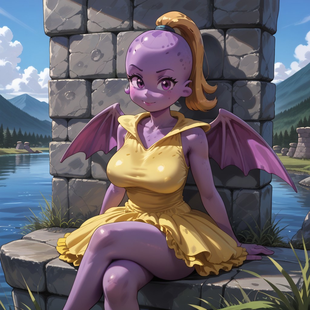 score_9, score_8, score_7, break, oom_ps, 1girl purple skin, dress, ponytail, wings, sititng, crossed legs, stone wall, lake, cute, busty, mature, outdoors, looking at viewer,