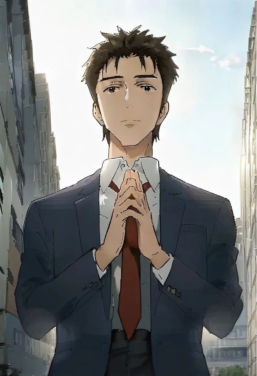 (score 9, score 8 up, score 7 up),((source anime, best quality, best aesthetic, perfect anatomy)),1boy,male focus,handsome detailed face,black eyes,blazer,collared shirt,slim body,skinny,necktie,solo,((Gasping, Praying, mood lighting, city, low view, worm’s eye view)),<lora:Shinich:1>,shinichi,<lora:Smooth Anime 2 Style SDXL_LoRA_Pony Diffusion V6 XL:1>,<lora:aesthetic_anime_v1s:1>,