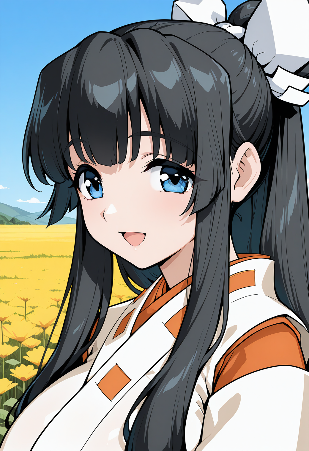 yamagami_shino, blue eyes, black hair, long hair, sidelocks, white ribbon, hair ribbon, kimono, miko, japanese clothes, <lora:fr_yamagami_shino_illustrious_ver1:0.8> 
huge breasts, smile,, masterpiece, best quality, general,, 1girl, solo, (field:1.2), (blue sky:1.2), looking at viewer,, (upper body:1.2), (close-up:1.2), (facing viewer:1.2), (open eyes:1.4), (portrait:1.2)
