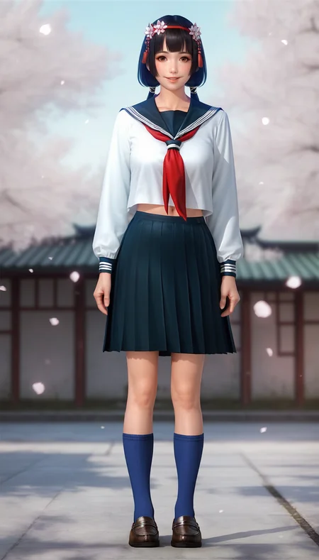 score_9,score_8_up,score_7_up,
<lora:NaotoraIi:0.9>,
naotora ii,
realistic,
1girl,solo,
black hair,blunt bangs,low twintails,
brown eyes,looking at viewer,parted lips,smile,
hair ornament,red hairband,golden scrunchie,white hair flower,
school uniform,serafuku,long sleeves,
navel,deep blue socks,leather shoes,
full body,standing,
blurry background,bloom,lights particle,outdoors,cherry blossoms,japanese style wall,vignetting,len flare,