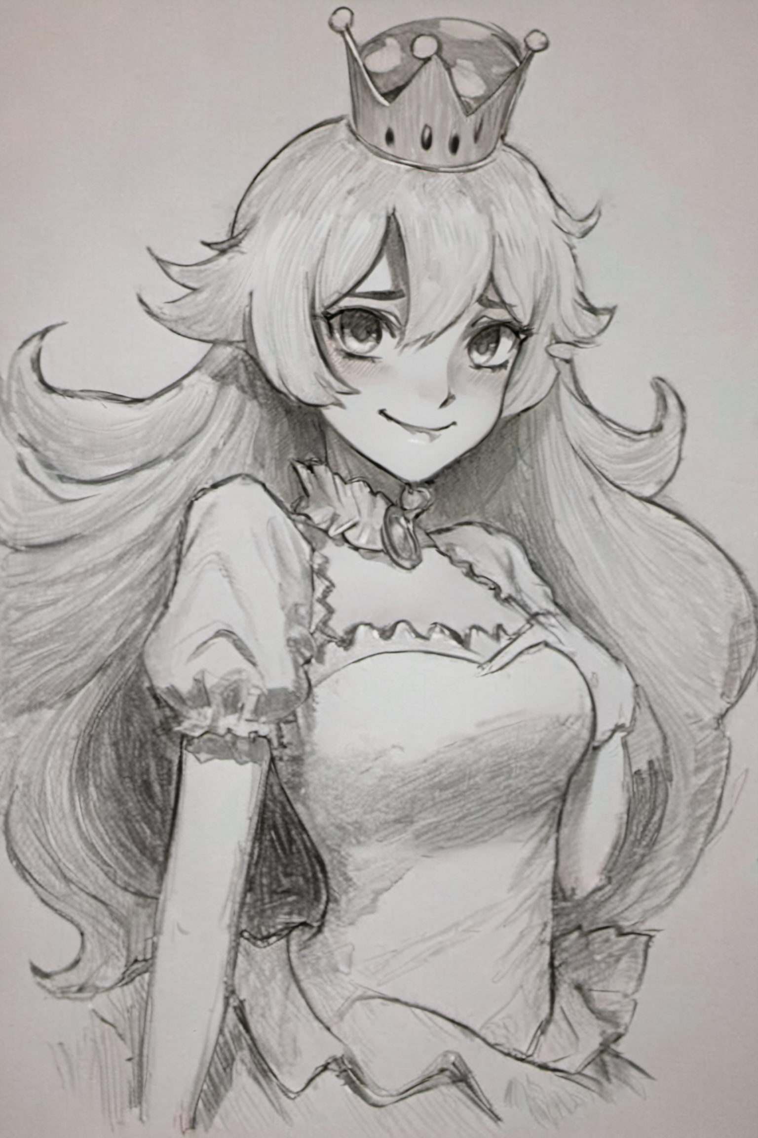((masterpiece, best quality)),  pretty eyes,  detailed face, 
(Pencil_Sketch:1.2,  messy lines,  greyscale,  traditional media,  sketch),  unfinished,  hatching (texture),  ((masterpiece, best quality)),  absurdres,  ,  Boosette_Mario,  1girl,  long hair,  white hair,  long white dress,  ballroom dress,  white gloves,  solo,  smiling,  blushing,  looking at viewer,  cowboy shot, <lora:Boosette_Mario_SDXL:0.800000>,<lora:Anime_Sketch_SDXL:1.000000>