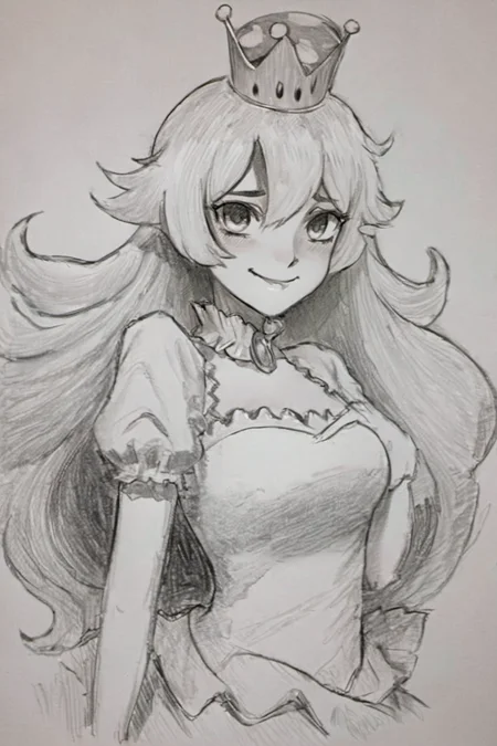 ((masterpiece, best quality)), pretty eyes, detailed face,
(Pencil_Sketch:1.2, messy lines, greyscale, traditional media, sketch), unfinished, hatching (texture), ((masterpiece, best quality)), absurdres, , Boosette_Mario, 1girl, long hair, white hair, long white dress, ballroom dress, white gloves, solo, smiling, blushing, looking at viewer, cowboy shot, <lora:Boosette_Mario_SDXL:0.800000>,<lora:Anime_Sketch_SDXL:1.000000>
