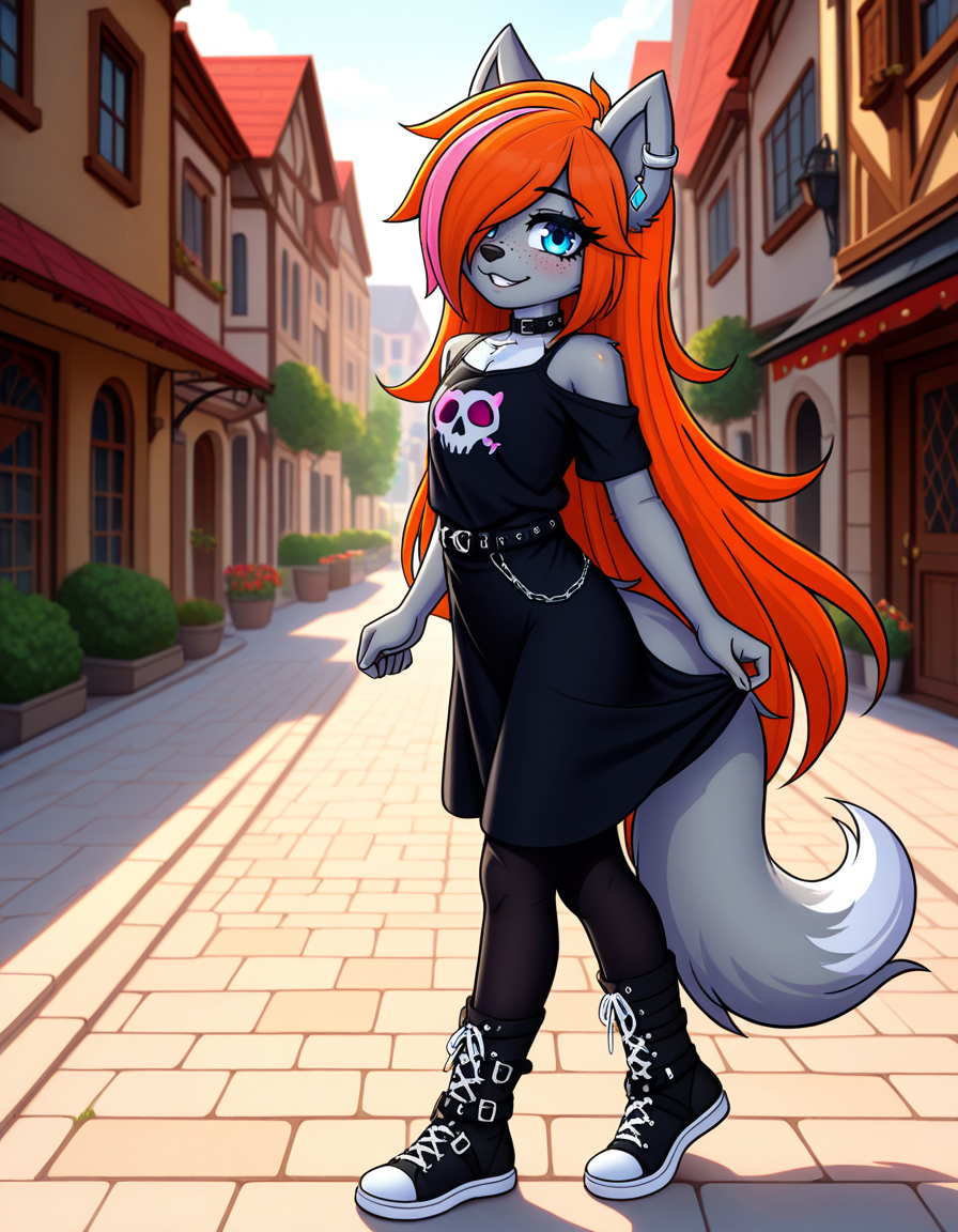 masterpiece, best quality, very aesthetic, absurdres,
outdoors,
full body, posing, 
goth fashion, 
seductive smile, parted lips, long eyelashes,
<lora:Kayla_Kitsune_v01_NAIXL:1>
K4yl4_K1tsun3,1girl,solo,furry,furry female,very long hair,multicolored hair,orange hair,pink hair,streaked hair,hair over one eye,wolf ears,earrings,blue eyes,freckles,snout,animal nose,body fur,two-tone fur,wolf tail