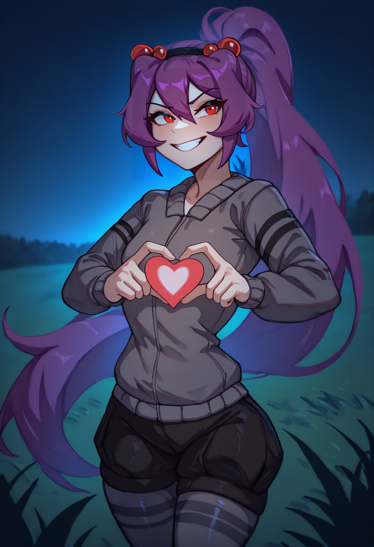 masterpiece, best quality, newest, absurdres, highres, 1girl, <lora:NSSpiaiderMC:1> NSSpiaiderMC, purple hair, ponytail, very long hair, red eyes, hair between eyes, hair bobbles, hairband, gray sweater, long sleeves, short shorts, gray pantyhose, heart hands, smile, night, dark, outdoors, grass field, heart