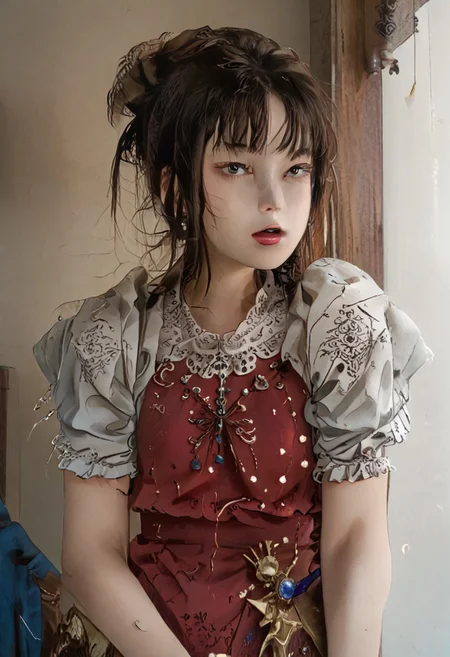 ((score_9), score_8_up, score_7_up), score_6_up, masterpiece, hands, Expressiveh, perfection, detailed, perfect, sexy pose, open mouth, 1girl, tomie kawakami, solo, ( female japanese warrior)), (small arms)), ((barely covered)), (skimpy armour)), trembling, (holding large axe), ((looking around)), (((slim waist))),(fantasy_tavern_background)