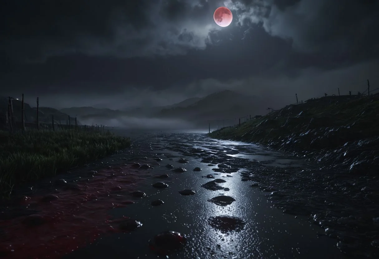 (ultra detailed), (ultra realistic), RAW photo, photorealistic, 8k, high res,lora:add_detail:0.8>, ( dark and gloomy) ,Blood red moon in background, dark thick fog, heavy rain, puddles of blood, lightning and fire, ice