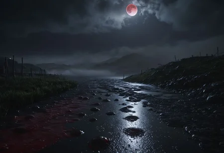 (ultra detailed), (ultra realistic), RAW photo, photorealistic, 8k, high res,lora:add_detail:0.8>, ( dark and gloomy) ,Blood red moon in background, dark thick fog, heavy rain, puddles of blood, lightning and fire, ice