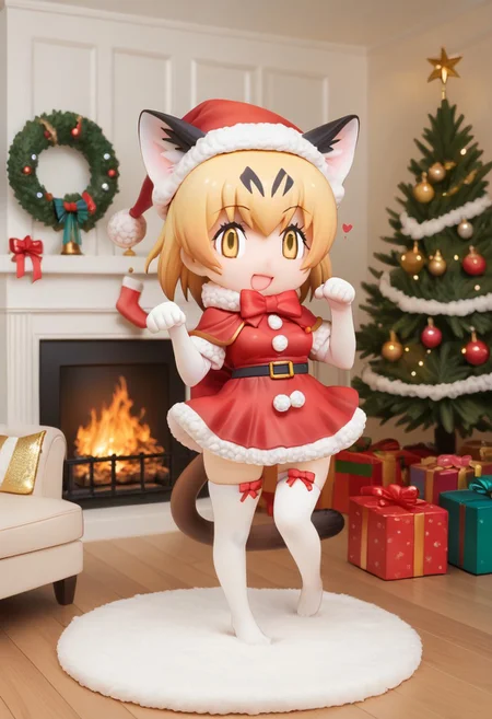 1girl, ((solo)), best quality, ultra-detailed, extremely detailed, perfect anatomy, masterpiece, score_9, score_8_up, score_7_up, Expressiveh, sand cat \(kemono friends\), 1girl, cat girl, cat ears, blonde hair, short hair, yellow eyes, cat tail, elbow gloves, bowtie, christmas tree, christmas decoration, christmas ornaments, underneath Christmas tree background, indoors, santa cosplay, santa outfit, santa hat, santa's sack, Christmas outfit, giant sack of presents, fully clothed, Christmas themed thighhighs, thighhighs, santa's sack of presents, red ribbon collar, Christmas presents, Christmas themed, living room, fireplace, (chibi), looking at viewer, smiling, eager, excited, happy, cute, adorable, surprised, hearts, shaking hips, hip sway, swaying hips, tail movement, tail_accessory, mistletoe_on_tail, mistletoe, dynamic lighting, looking at viewer, standing, standing on one foot, posing, paw pose,