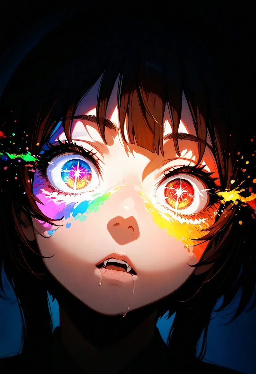 Megumin, masterpiece, best quality, amazing quality, very aesthetic, absurdres, 1 girl, backlighting, brown hair, red magical glowing eyes, magic circles, sweet expression, looking at viewer, close-up of face, face in shadow, body in shadow, dark setting, strict office suit, thin lips, narrow mouth, solo upper body, angle from above, Dutch angle, hand, hand on cheek, baring teeth, baring fangs, flexibility, little saliva in the mouth, glowing saliva, bright magical particles, magic symbols, in the air, around, not much, 
smoke, fog, multicolored, small, colorful, explosion of colors, soft light, vibrant colors, multicolored rainbow light, focus on face, lots of soft light and colorful particles, colorful, masterpiece, best quality, amazing quality, very aesthetic, absurdres, newest, soft light, explosion of colors, masterpiece, best quality, colorful, bright, multicolored, bright colors of paint, masterpiece, best quality, amazing quality, very aesthetic, absurdres, lots of multicolored rainbow light, focus on the face, lots of soft light, soft colors, lots of colorful particles, dark, hard to see,