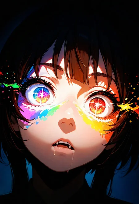 Megumin, masterpiece, best quality, amazing quality, very aesthetic, absurdres, 1 girl, backlighting, brown hair, red magical glowing eyes, magic circles, sweet expression, looking at viewer, close-up of face, face in shadow, body in shadow, dark setting, strict office suit, thin lips, narrow mouth, solo upper body, angle from above, Dutch angle, hand, hand on cheek, baring teeth, baring fangs, flexibility, little saliva in the mouth, glowing saliva, bright magical particles, magic symbols, in the air, around, not much, 
smoke, fog, multicolored, small, colorful, explosion of colors, soft light, vibrant colors, multicolored rainbow light, focus on face, lots of soft light and colorful particles, colorful, masterpiece, best quality, amazing quality, very aesthetic, absurdres, newest, soft light, explosion of colors, masterpiece, best quality, colorful, bright, multicolored, bright colors of paint, masterpiece, best quality, amazing quality, very aesthetic, absurdres, lots of multicolored rainbow light, focus on the face, lots of soft light, soft colors, lots of colorful particles, dark, hard to see,