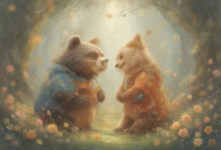 Spring in the Forest, cute funny male Bear want to give a kiss to cute female Bear, a painted picture in the style cartoon Winnie-the-Pooh. Hearts are everywhere.