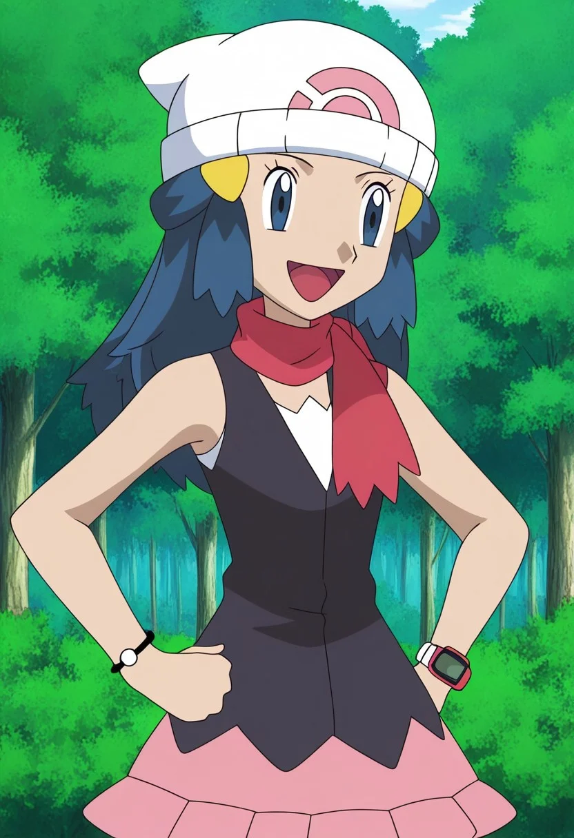 absurdres, highres, 4k, anime screencap, 1girl, pokemon_dawn, long hair, blue hair, blue eyes, sidelocks, bbeanie, yellow hairpins, smiling, open mouth, black vest, white undershirt, red scarf, sleeveless, watch, jewelry, pink skirt, standing, hands on hips, upper body focus BREAK outdoors, forest,