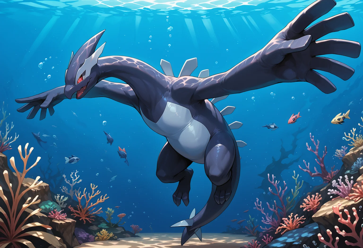 score_9, score_8_up, score_7_up, score_6_up, detailed face, detailed eyes, detailed body, detailed background, perfect anatomy, masterpiece, high quality, best quality, ray tracing, volumetric lighting, rating_safe, digital media \(artwork\) BREAK solo, outside, underwater, shadow lugia, pokemon (creature), red eyes, dynamic pose <lora:ShadowLugia_Pokemon_V1:1> <lora:detailed_notrigger:1>