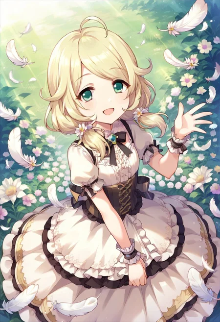 score_9, score_8_up, score_7_up, source_anime,yusa kozue, blonde hair, green eyes, twintails, 1girl, solo, dress, feathers, ahoge, flower, smile, wrist cuffs, frills, open mouth, low twintails