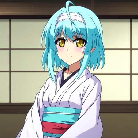 score_9, score_8_up, score_7_up, source_anime, NonakaYuki, 1girl, solo, closed mouth, light smile, blush, aqua hair, yellow eyes, side braid, YukiWedding, japanese clothes, (hood:1.2), white kimono, red sash, standing, looking at the viewer, indoors