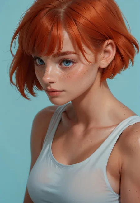 1girl, simple blue background, freckles, redhead, short hair, bangs, blue eyes, 

tank top, 

upper body, 

score_8, score_9_up,