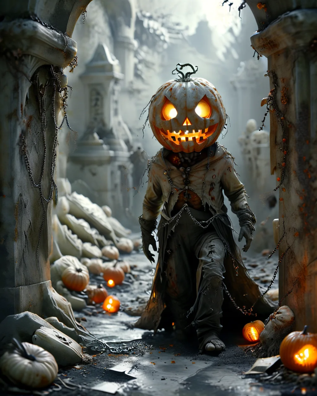 jack o lantern emerging from a marble crypt, chains, jewelry, full body, cemetery, eerie glow, <lora:add-detail-xl:0.7>, <lora:xl_more_art-full_v1:0.6>, <lora:Bas_Waijers_-_Artstyle_Style_SDXL:1>, <lora:ral-zmbyz:0.7> ral-zmbyz, <lora:MJ52:1>