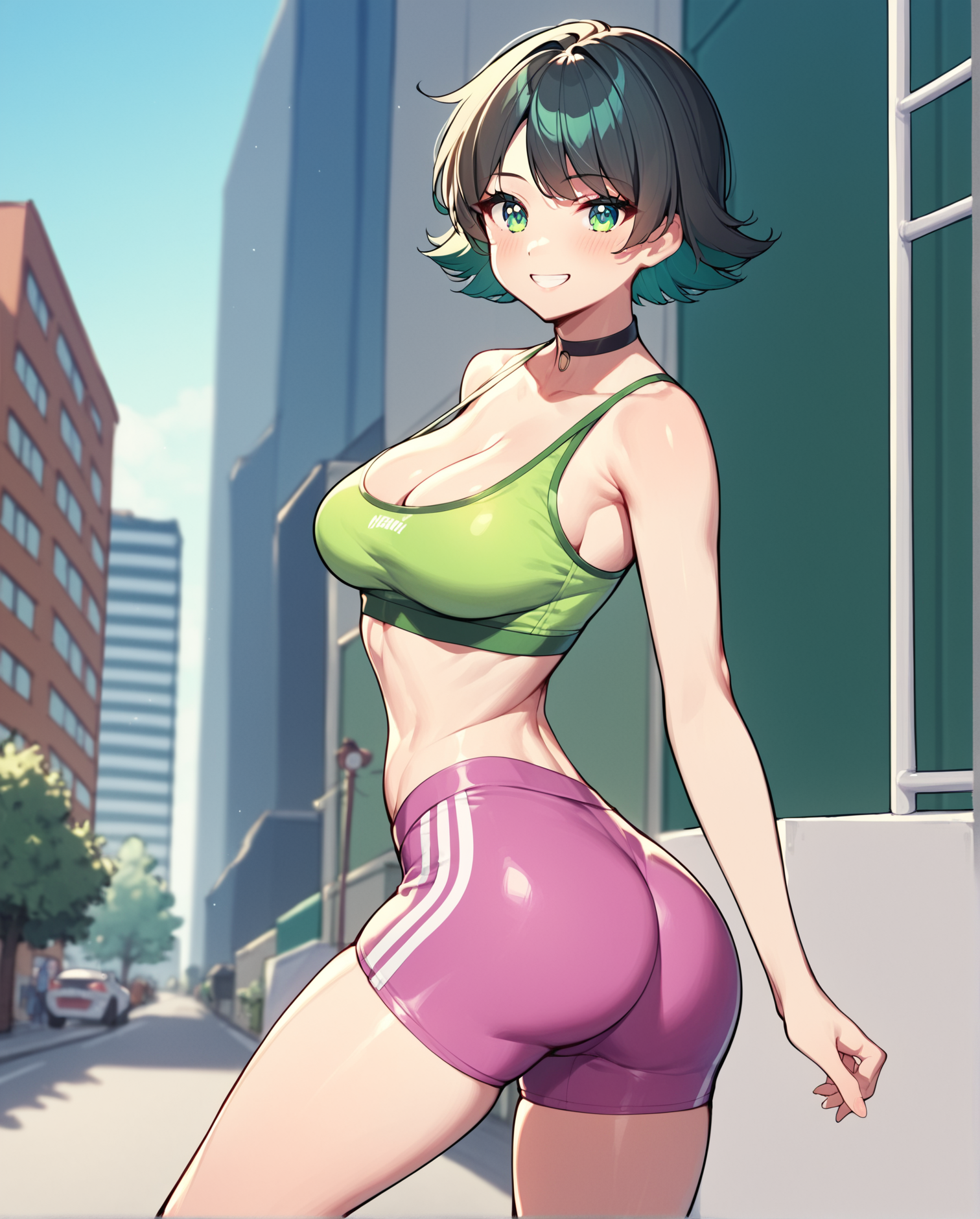 score_9, score_8_up, score_7_up, source_anime, BREAK  1girls, solo, (Buttercup (Powerpuff girls), black hair, short hair, green eyes), looking at viewer, breasts, cleavage, cowboy shot, choker, smile, blush, bare shoulders, bare arms, green sports wear, sports bra, spandex shorts, ass, legs apart, street, city, <lora:Adult_Powerpuff_Girls:1>, rating_questionable