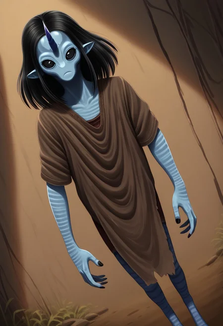 ((Alien humanoid)), solo, androgynous, aquatic features
blue skin, ((webbed skin between fingers)),
((No nose)):1.3, ((nostrils only, nostril slits, vertical nasal slits, narrow nostrils)):1.6, ((narrow eyes)), ((black sclera, black irises)), smooth skin, pointy ears, small ears, tiny ears, holes in skin, forehead horn, short horn, veiny horn, ((single horn)):1.0, ((4 fingers)), fingernails, thin lips, ((black hair)), ((short hair, spiky hair)), sharp teeth, ((digitigrade legs)), bent legs,
full body shot
ragged clothes, muddy clothes, loincloth, tunic, dirty
Medieval style, fantasy style,
((Variety)):1.2
((dutch angle))
river background
fully clothed, loose clothing, clean lines, smooth colors, detailed fingers, sfw, style: kurtz, source: realistic, rating: pg, score: 8 up, score: 9
