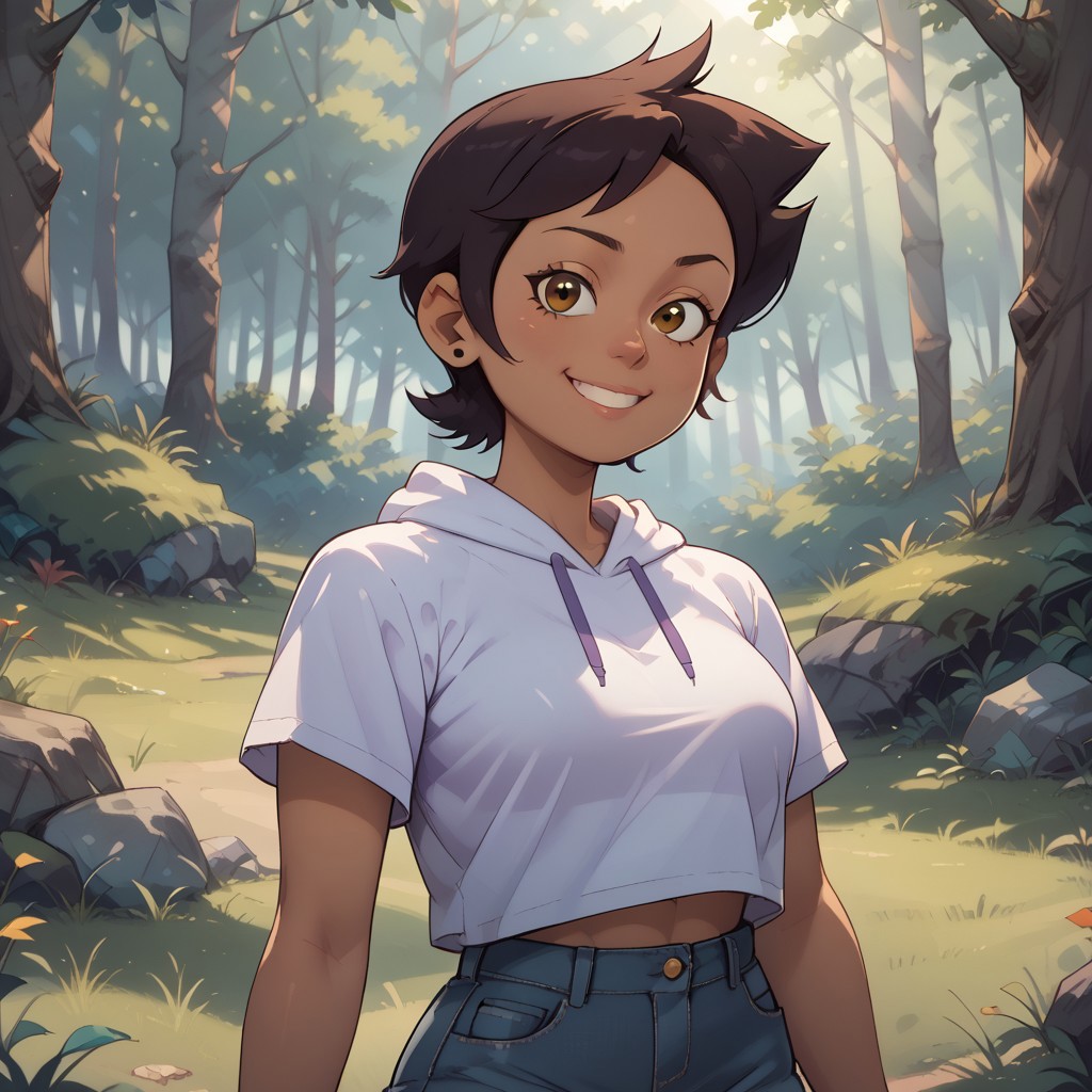 score_9, score_8, BREAK, Luz Noceda, brown hair, short hair, brown eyes, dark skin, hoodie, hood down, short sleeves, purple shirt, white shirt, denim shorts, black leggings, leggings under shorts, adult female, mature female, breasts, sexy pose, self portrait, smile, outdoors, sunlight, shadows, evening lighting, natural lighting, forest, trees, grass, orange sky, sunset