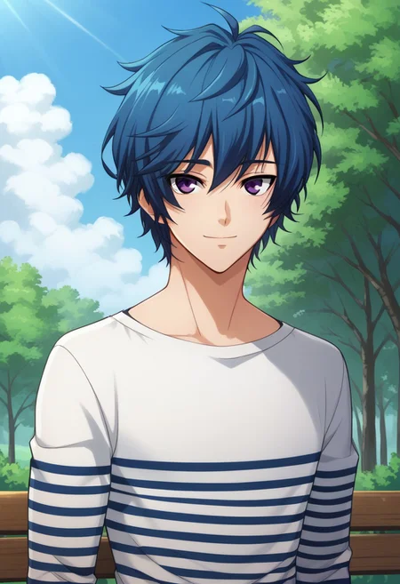 score_9, score_8_up, score_7_up, source_anime, highly detailed,
nanahoshi, 1boy, male focus, solo, striped shirt, blue hair, shirt, striped, purple eyes, looking at viewer,
upper body, smile
outdoor, sky, tree, cloud,