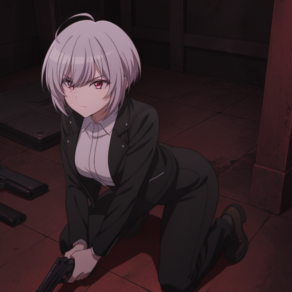 nsfw, masterpiece, best quality, 1girl, solo, spy_classroom_sibylla, full body, weapon, gun, holding weapon, holding, handgun, short hair, ahoge, shirt, holding gun, closed mouth, upper body, bangs, long sleeves, white shirt, red eyes, jacket, mole, black jacket, v-shaped eyebrows, hair between eyes, collared shirt, open clothes, open jacket, mole under eye, grey hair, looking away, <lora:Sibylla_-_Spy_Classroom:0.7>