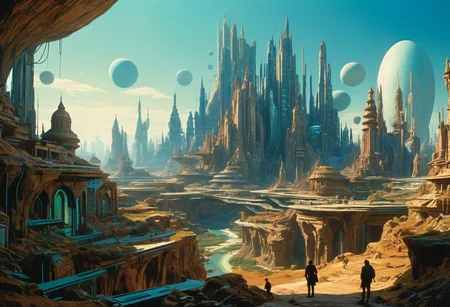 Art by Roger Dean, cyberpunk city, luminescence, ultrarealistic, hyperdetailed, soft lighting in a otherworldly landscape, epic scale, German myth, layered symbolic density. Film grain, cinematic film still, highly detailed, highly contrasted, dynamic pose, high budget, sharp focus, cinemascope, gorgeous, 2000s vintage RAW photo, photorealistic, color graded cinematic, natural, extreme quality