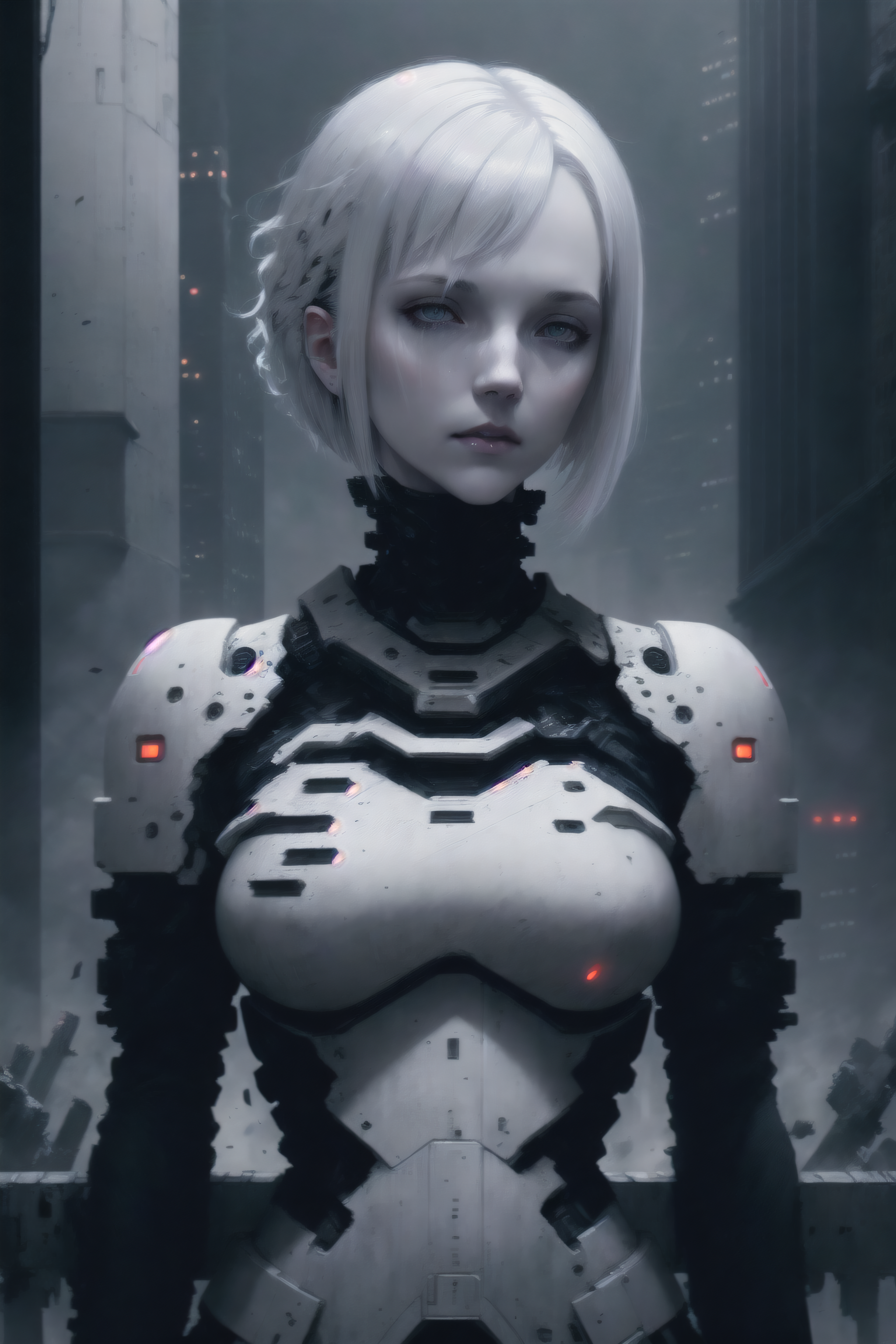 dark colors,RAW photo,realistic,detailed,8k uhd, dslr,sharp,volumetrics dtx, highly detailed,soft lighting,cibo (normal), white hair, short hair,portrait, detailed face, pale skin, tubes, concrete, mega structures, giant buildings ,decrepit scenery,  debris, <lora:blamev2:0.7>