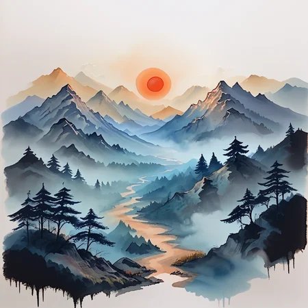 Score_9, score_8_up, score_7_up, score_6_up, BREAK <lora:Expressive_Watercolor_Ink_washPony:1> ArsMJStyle, Expressive Watercolor Ink Wash, The image is a landscape painting of a mountain range. The sky is a light blue color with a few wispy clouds. The mountains are covered in a thick layer of fog giving them a hazy appearance. In the center of the image there are two red circles which appear to be the sun or moon. The trees on the mountains are silhouetted against the sky adding a touch of greenery to the scene. The overall mood of the painting is peaceful and serene., no humans, scenery, mountain, tree, nature, sun, forest, outdoors, traditional media, sky