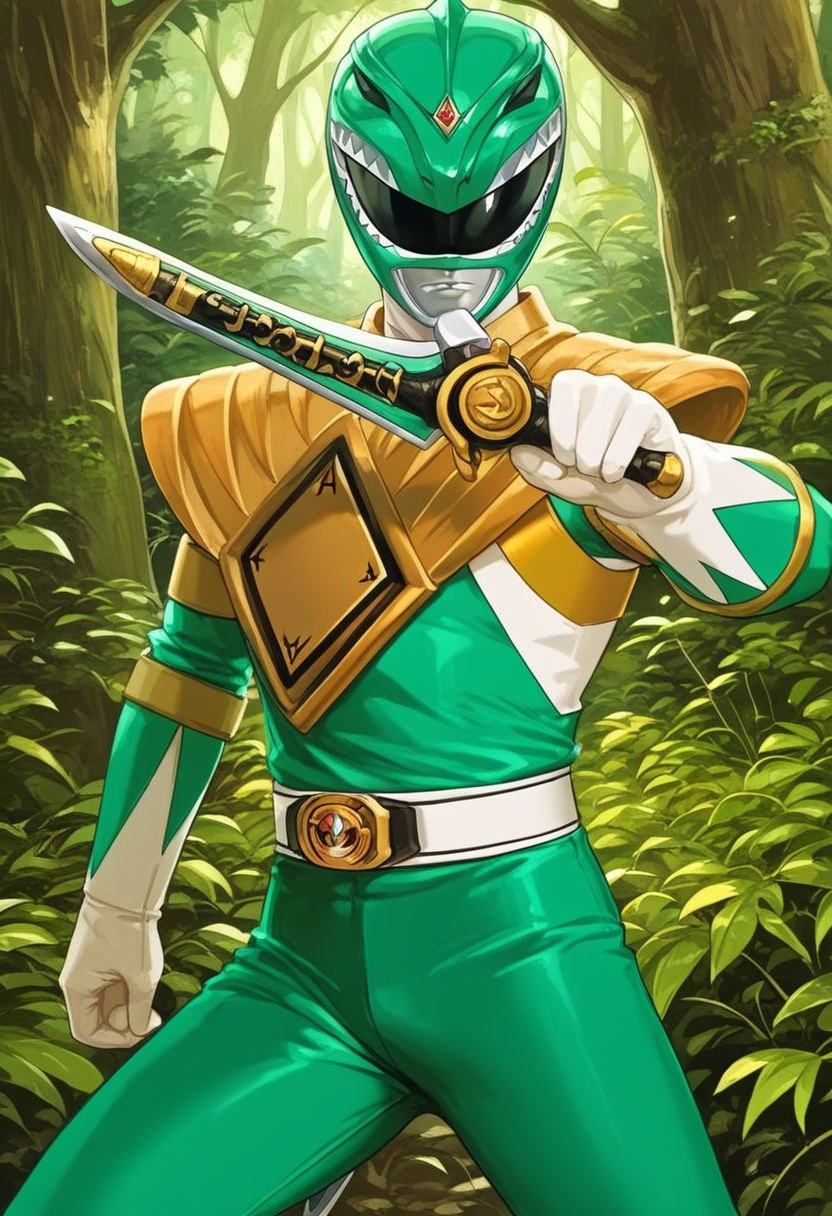 (score_9:0.9),score_8_up,score_7_up,anime style,rating_safe,<lora:Green Ranger ponyXL v2:0.85>, Green Ranger, 1boy, solo, green background, weapon, holding, holding weapon, dagger, holding dagger, helmet, forest