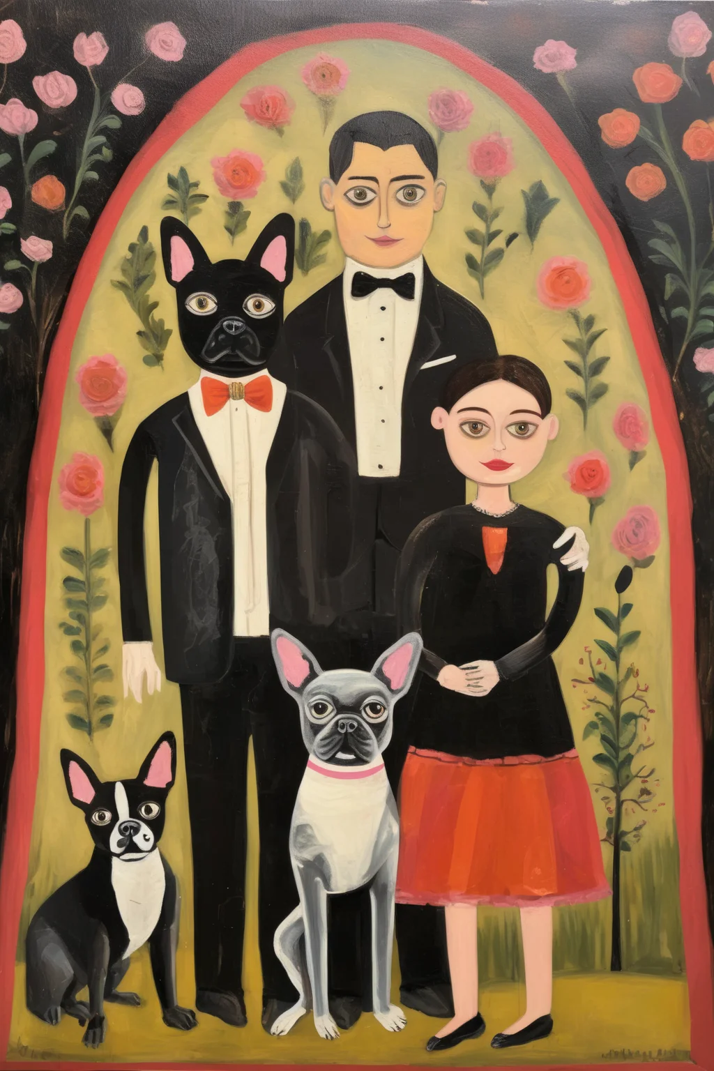 <lora:Folk Art:1>Folk Art - outsider art family portrait father mother daughter girl child french bulldog and tuxedo cat