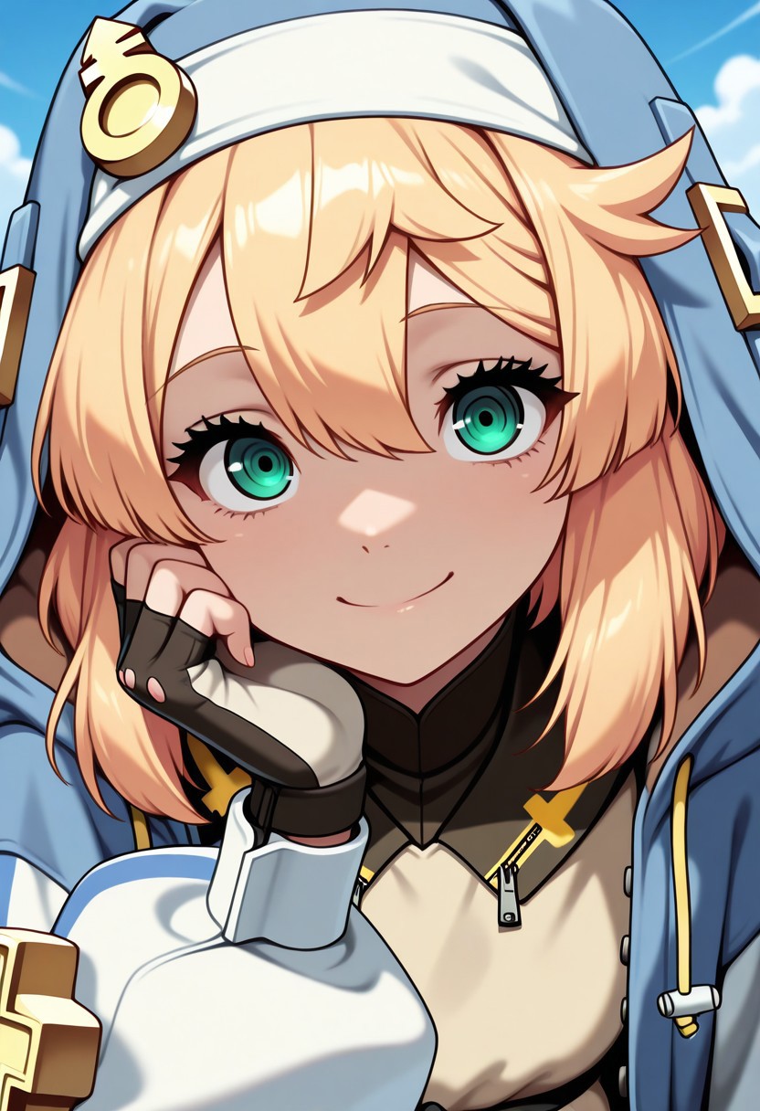 very aesthetic, amazing quality, masterpiece, best quality, high quality, absurdres, high resolution, detailed, very detailed, extremely detailed, precise, accurate, Bridget, 1girl, green eyes, blonde hair, hood, fingerless gloves, close up, blue sky, smiling, staring at viewer, small breasts, pale skin, closed mouth