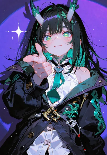 looking at viewer,above torso shot, smile,finger gun

1 girl,petite,loose unruly messy hair,messy bangs,black hair,green accents hair,fair skin,dragon horns,green eyes, sparkling eyes,freckles

Large Black coat with green accent,coat hanging sleeves,white sleeveless buttoned shirt,green tie, exposed shoulder

Color background, bright purple background,shadow, light from front,glimmer, scales design, sparkling

Cunnystyle,748cmstyle,Smooth_Quality,dynamic pose, foreshortening, extreme perspective,masterpiece,best quality,amazing quality, aesthetic,bright colors,bold lines