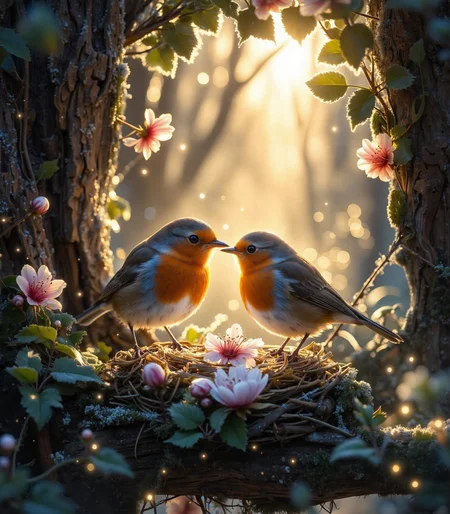 At the heart of an enchanted winter forest, nestled between the roots of an ancient oak tree, a pair of red robins busily craft their love nest. The delicate twigs and soft down feathers they collect intertwine to form a heart-shaped cradle, glowing under the golden light of the setting sun. 

As one robin carefully arranges the final petal—a soft pink cherry blossom—the other perches beside it, their tiny beaks brushing in a tender display of devotion. Frost-kissed ivy drapes over their cozy haven, while distant deer pause to watch this tiny romance unfold. 

Above them, the first snowflakes of the season drift gently through the air, creating a scene of tranquil intimacy. The whole forest, bathed in warm, golden twilight, seems to hold its breath, embracing this delicate moment of love between the smallest of creatures.

VibrantlySharp style.