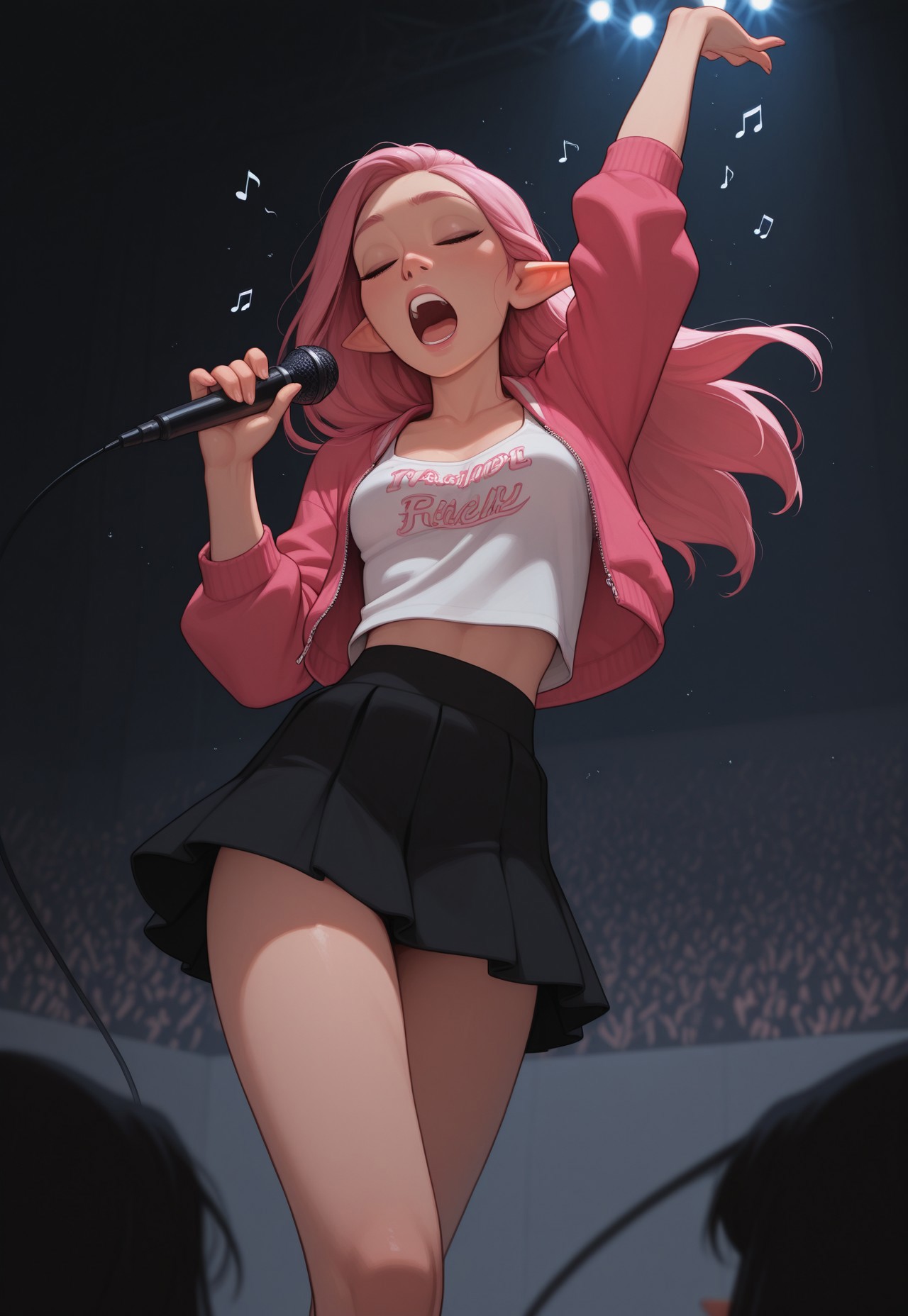 masterpiece, best quality, amazing quality, very aesthetic, DISNEY_ANIMATION, incoth, (incase:0.6), female, (depth of field), indoors, concert, stage platform, lightshow,

elf, pink hair, closed eyes, cute face, slim, small breasts, long hair swept to one side, beautiful, kawaii, (short ears),

k-pop idol, tanktop, jacket, miniskirt, microphone, high stage,

standing, dynamic pose, singing, looking down at crowd, music notes, from below,