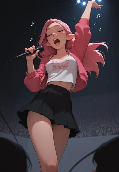 masterpiece, best quality, amazing quality, very aesthetic, DISNEY_ANIMATION, incoth, (incase:0.6), female, (depth of field), indoors, concert, stage platform, lightshow,

elf, pink hair, closed eyes, cute face, slim, small breasts, long hair swept to one side, beautiful, kawaii, (short ears),

k-pop idol, tanktop, jacket, miniskirt, microphone, high stage,

standing, dynamic pose, singing, looking down at crowd, music notes, from below,