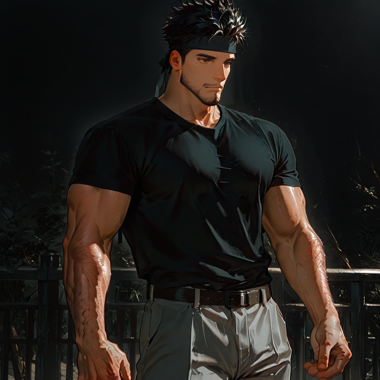 <lora:Amir_Etta_Junior-000005:.75>, amirrama, 1boy, black hair, spiked hair, brown eyes, facial hair, headband, solo, male focus, manly, mature male, shirt, pants
cowboy shot, 
(very short hair), male focus, muscular male, large pectorals, muscular male, bara, mature, (hairy body, hairy, body hair, arm hair, leg hair, hairy body, glossy skin, bara, mature, facial hair, beard, full beard, sideburn, mustache, stubble), facial hair, bara, mature, body hair, aixiwuganda_(20222192), very awa, masterpiece, best quality, absurdres, newest, perfect quality, detailed background, intricate details,<lora:slider_Body Type_alpha1.0_rank4_noxattn_last:2><lora:Anime Summer Days 2 Style SDXL_LoRA_Pony Diffusion V6 XL:.6><lora:merged:.7>, DARK, DARK BACKGROUND, LOW-KEY LIGHTING <lora:slider_cfg_scale_boost:.7><lora:Artist6p:.55>, Artist6p, Artist04p,<lora:slider_il_brightness_slider_d1:-.5><lora:slider_il_contrast_slider_d1:-.25>,<lora:slider_contract_controller_illus01_v1:.3>, <lora:addon_illustriousXLv01_stabilizer_v1.121:.5>,<lora:slider_DarkSlider1.2_alpha1.0_rank16_full_300steps:-.2><lora:Heavenly_Beauty_r1:1>, (heavenlybeauty,)<lora:slider_style_strength_controller_illus01_v1:.25>