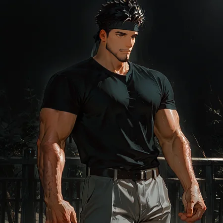 <lora:Amir_Etta_Junior-000005:.75>, amirrama, 1boy, black hair, spiked hair, brown eyes, facial hair, headband, solo, male focus, manly, mature male, shirt, pants
cowboy shot, 
(very short hair), male focus, muscular male, large pectorals, muscular male, bara, mature, (hairy body, hairy, body hair, arm hair, leg hair, hairy body, glossy skin, bara, mature, facial hair, beard, full beard, sideburn, mustache, stubble), facial hair, bara, mature, body hair, aixiwuganda_(20222192), very awa, masterpiece, best quality, absurdres, newest, perfect quality, detailed background, intricate details,<lora:slider_Body Type_alpha1.0_rank4_noxattn_last:2><lora:Anime Summer Days 2 Style SDXL_LoRA_Pony Diffusion V6 XL:.6><lora:merged:.7>, DARK, DARK BACKGROUND, LOW-KEY LIGHTING <lora:slider_cfg_scale_boost:.7><lora:Artist6p:.55>, Artist6p, Artist04p,<lora:slider_il_brightness_slider_d1:-.5><lora:slider_il_contrast_slider_d1:-.25>,<lora:slider_contract_controller_illus01_v1:.3>, <lora:addon_illustriousXLv01_stabilizer_v1.121:.5>,<lora:slider_DarkSlider1.2_alpha1.0_rank16_full_300steps:-.2><lora:Heavenly_Beauty_r1:1>, (heavenlybeauty,)<lora:slider_style_strength_controller_illus01_v1:.25>