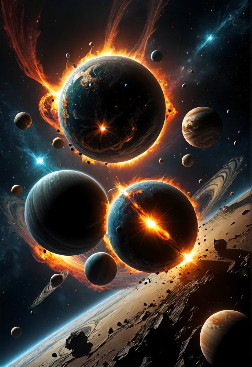 curios arrangement of colliding planets facing the wrong way, boom, cinematic, dark, supernova, black hole, wast, endless, dragon