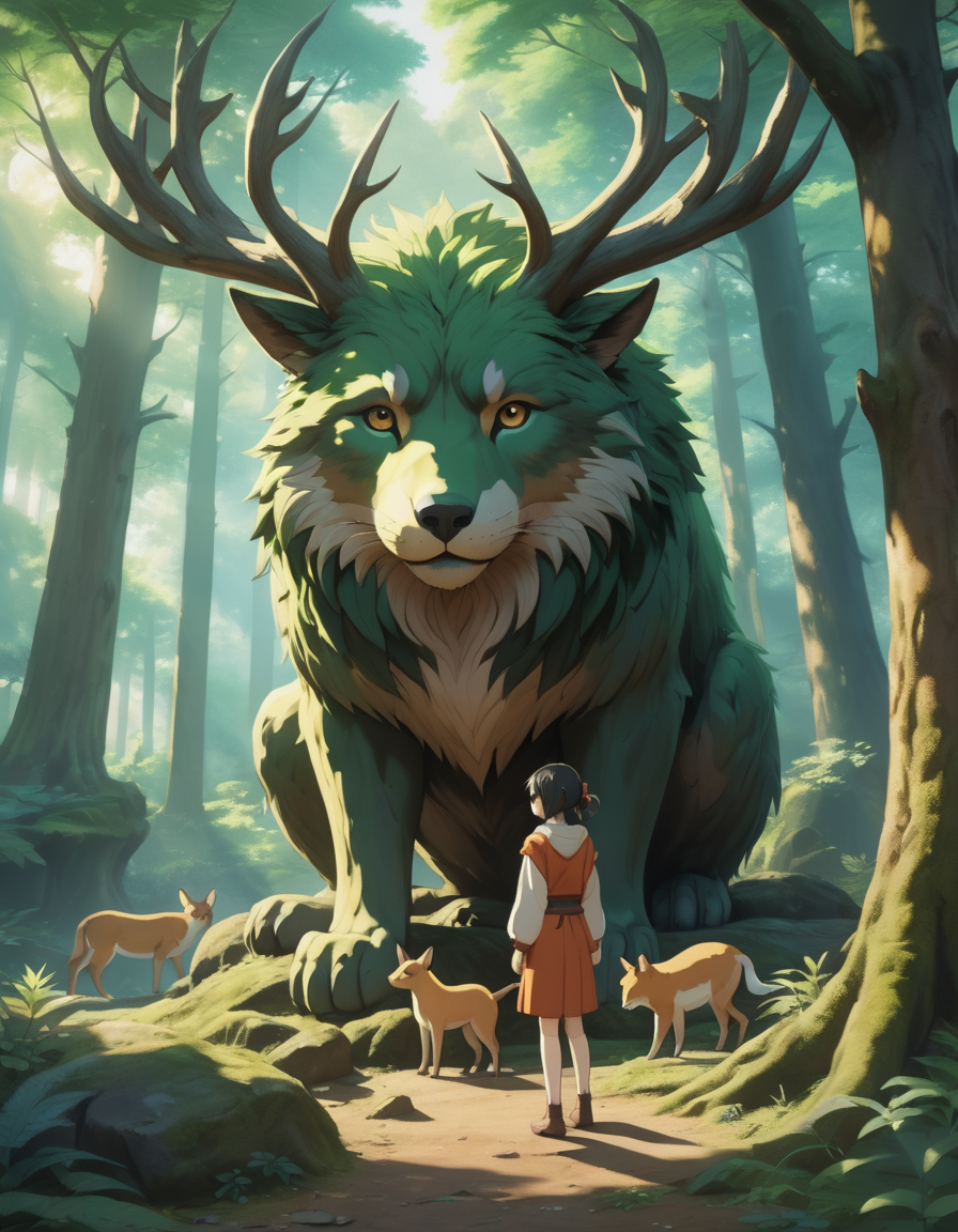 An anime scene of a forest guardian, ancient tree, animals paying respects, serene aura